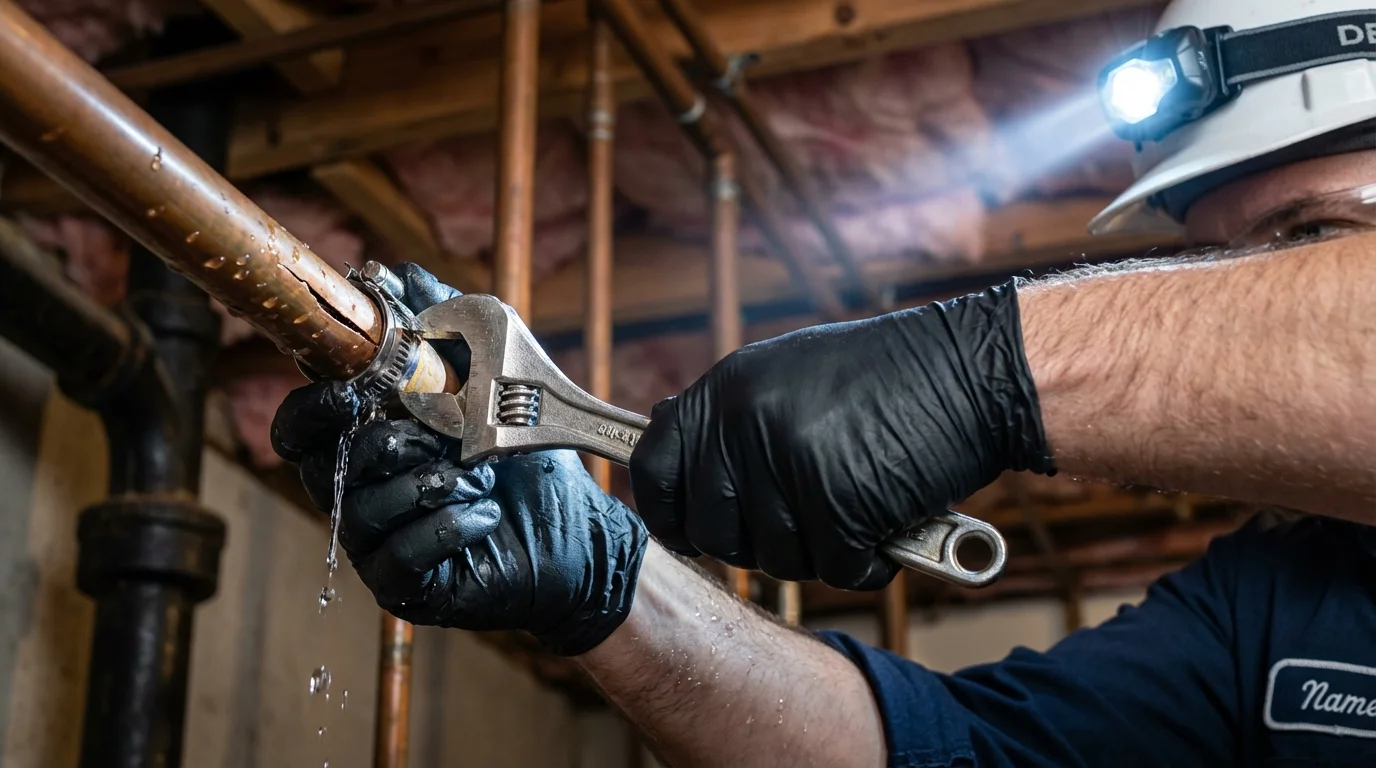 Emergency pipe clamp repair being performed by a Johns Plumbing LLC plumber in Alcoa